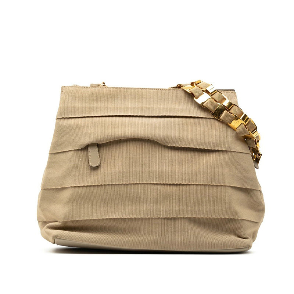 Salvatore Ferragamo Vara Tiered Shoulder Bag Beige Cream Canvas Leather